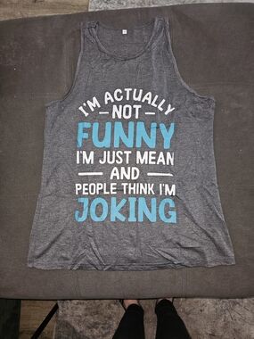 Graphic Charcoal Tank Top with Blue & White Text